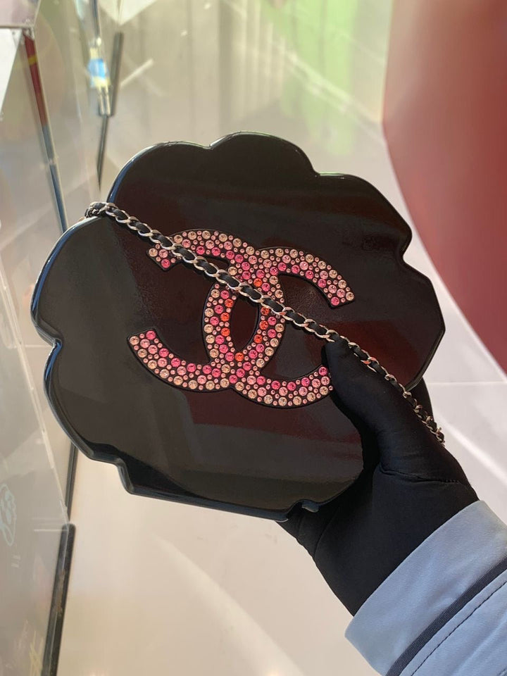 Chanel 2018 Runway Pink Strass & Resin Camelia Minaudiere