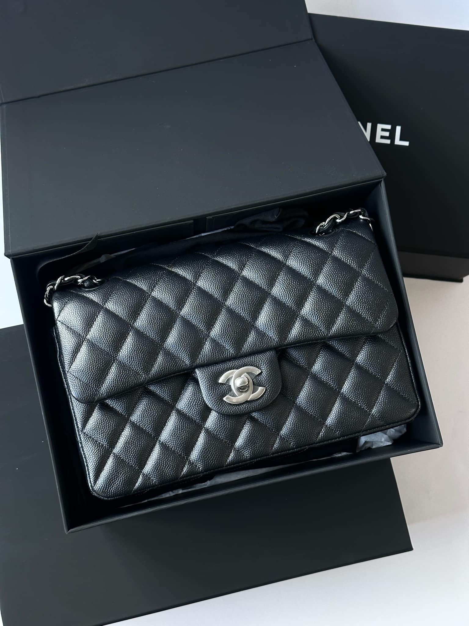 Chanel 18C Small Black Caviar Iridescent Classic Flap Bag + RHW
