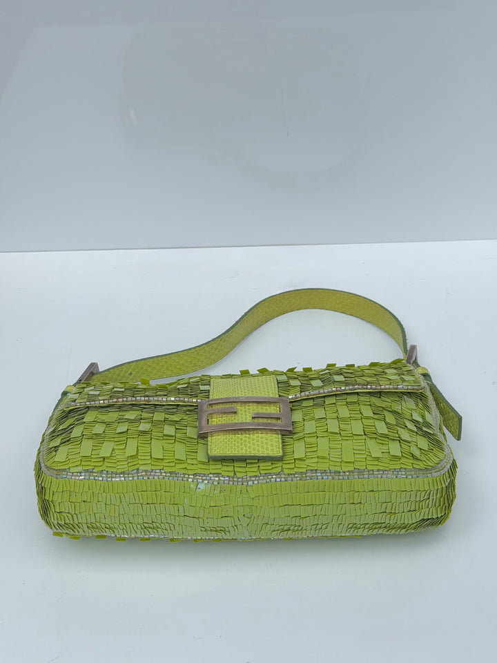 Fendi Lime Green Sequin Baguette Python Trim Silver Hardware 2000