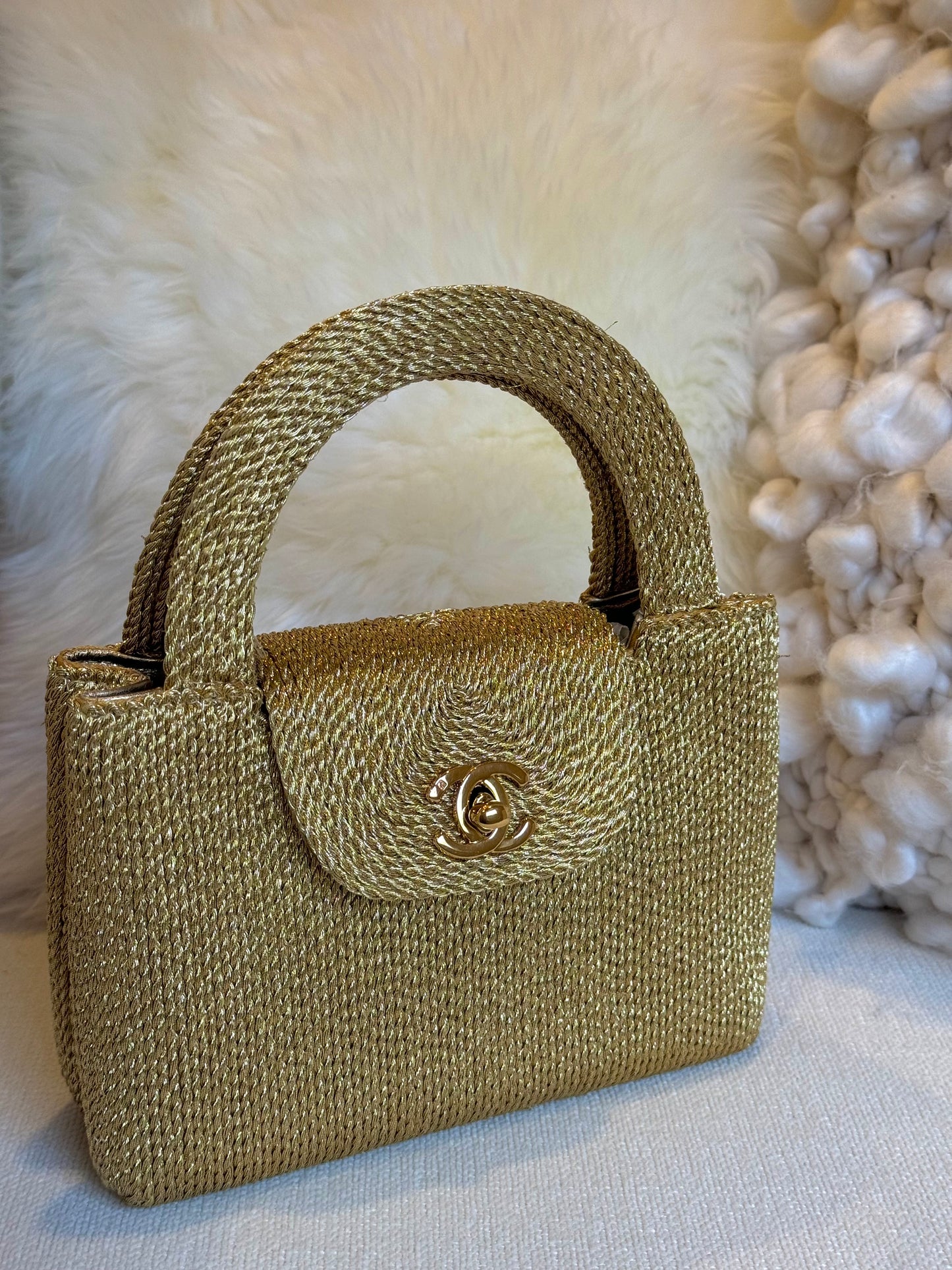 Chanel RARE 1998 Gold Silk Woven Mini Kelly