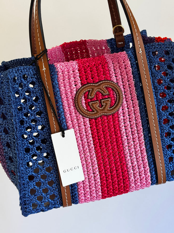 Gucci Interlocking Multicolor Raffia Tote Bag