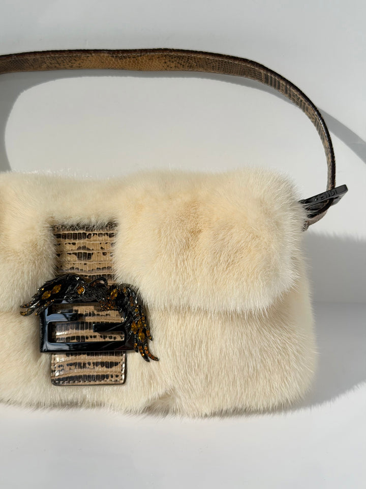 Fendi Crystal Embellished Baguette White Mink Fur Lizard Trim Gold Tone Hardware