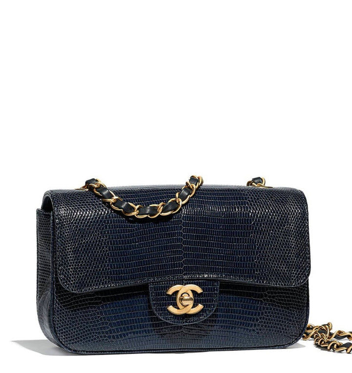 Chanel Navy Blue Lizard Mini Flap Brushed Gold Hardware 2018