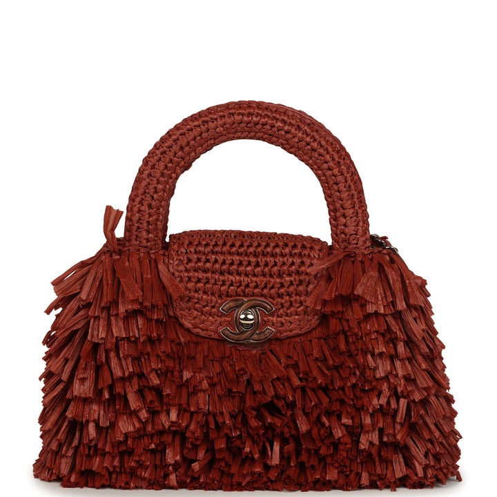 Chanel Mini Shopping Bag Fringed Raffia Effect Fabric Rust Gold Tone Metal 2026