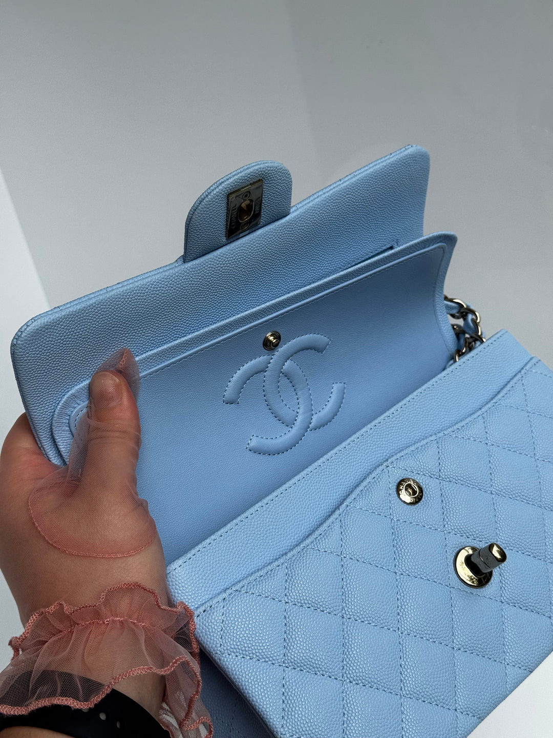 Chanel Small Classic Double Flap Caviar Light Blue Light Gold Hardware 2023