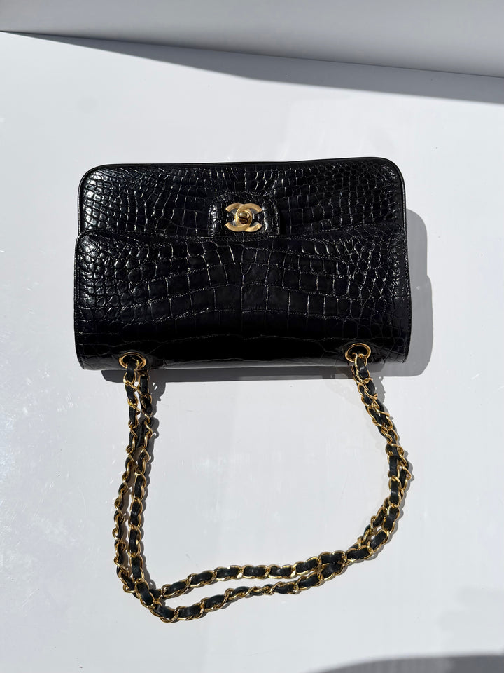 Chanel Medium Classic Flap Bag Alligator Black 24K Plated Gold Hardware 1997