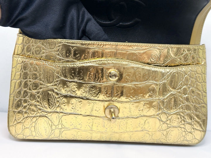 Chanel Metallic Gold Croc Embossed Medium Classic Flap Bag