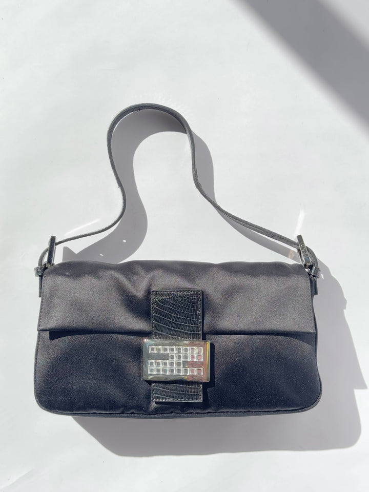 Fendi Black Satin Crystal Baguette With Lizard Trim