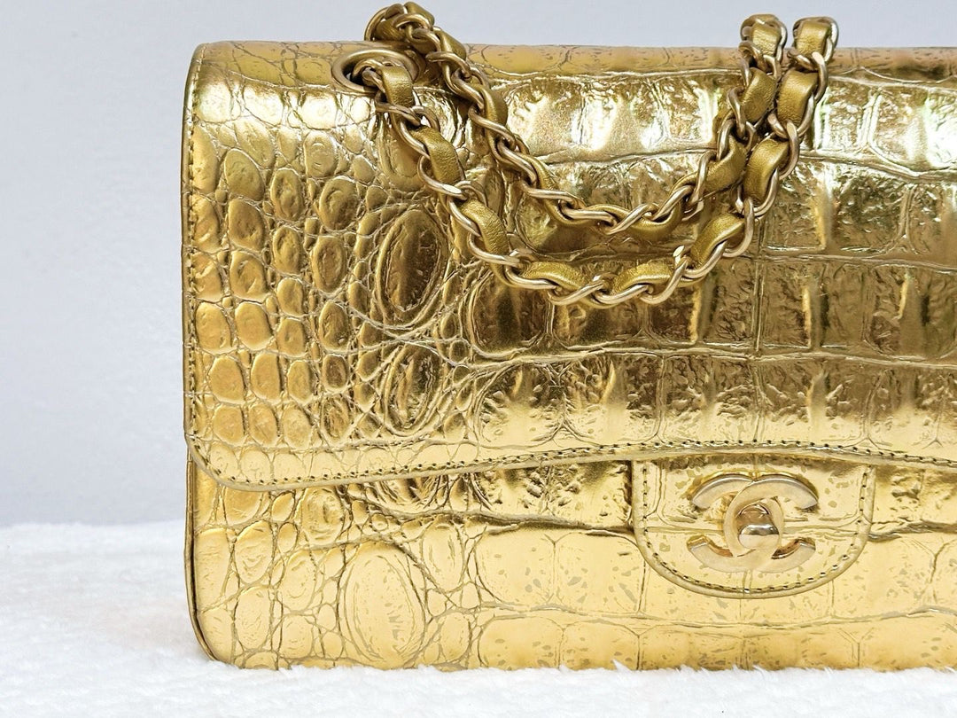Chanel Metallic Gold Croc Embossed Medium Classic Flap Bag