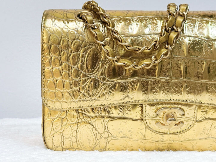 Chanel Metallic Gold Croc Embossed Medium Classic Flap Bag