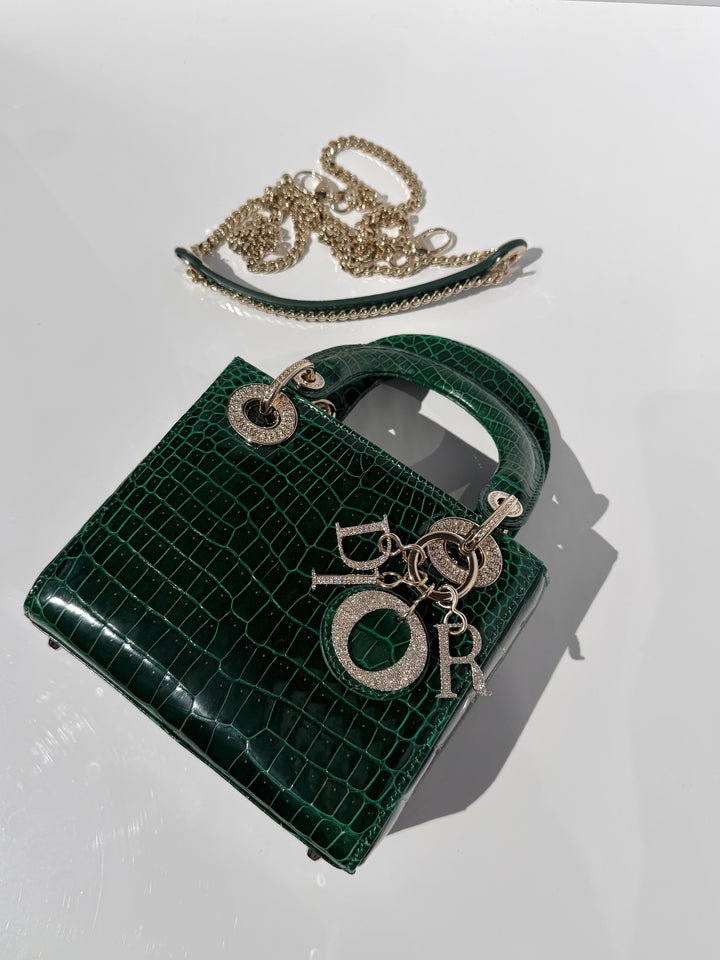 Dior Emerald Crocodile Mini Lady Dior Top Handle Diamond Gold Hardware 2022