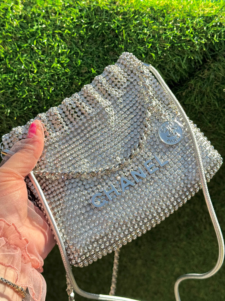 Chanel Mini Chanel 22 Crystal Embellished Metallic Lambskin Silver Silver Hardware