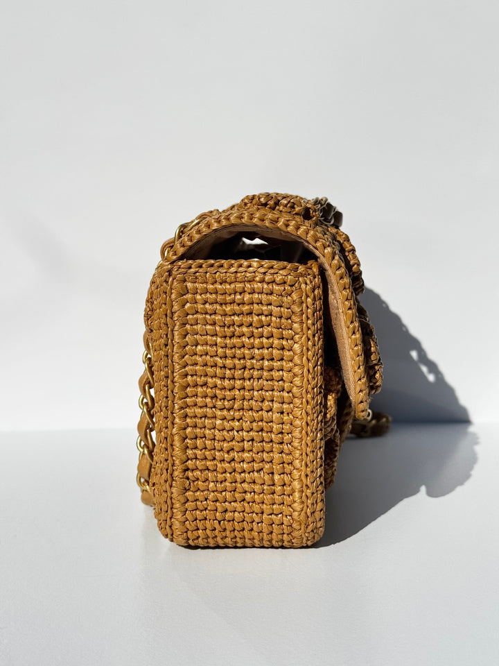 Chanel 24P Tan Braided Raffia Medium Flap Bag