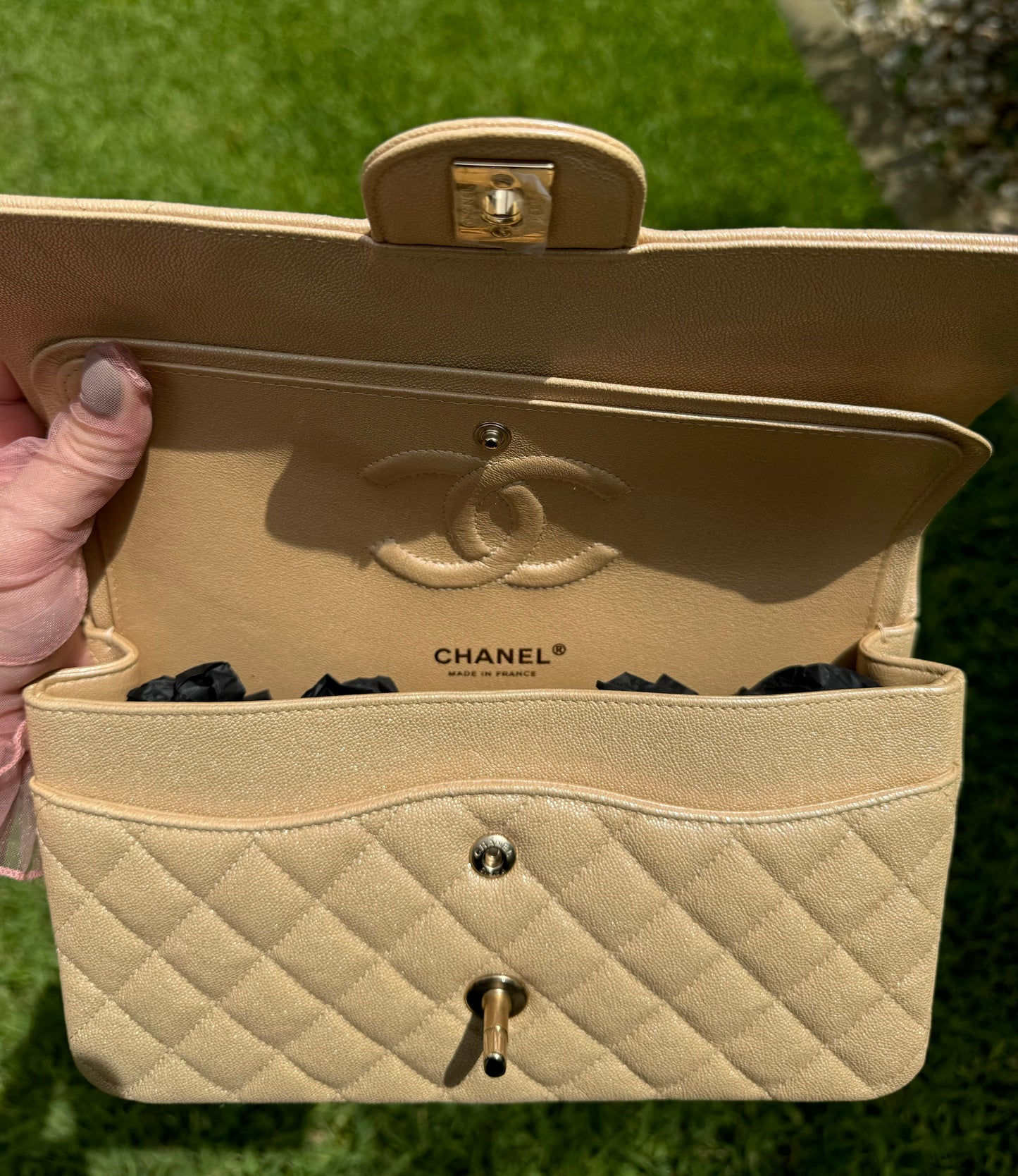 Chanel Beige Iridescent Medium Caviar Classic Flap