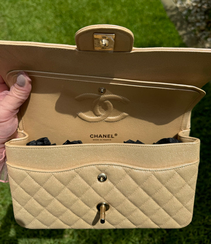 Chanel 19S Beige Iridescent Medium Caviar Classic Flap