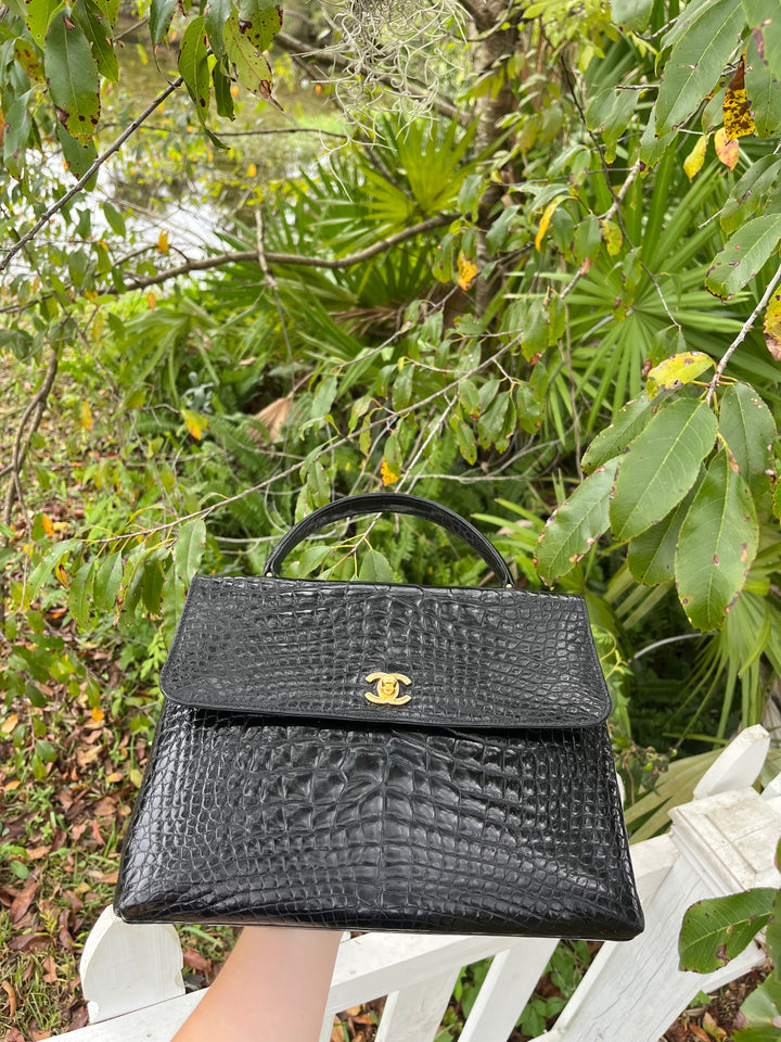 Chanel Vintage Large Crocodile Top Handle Flap Bag