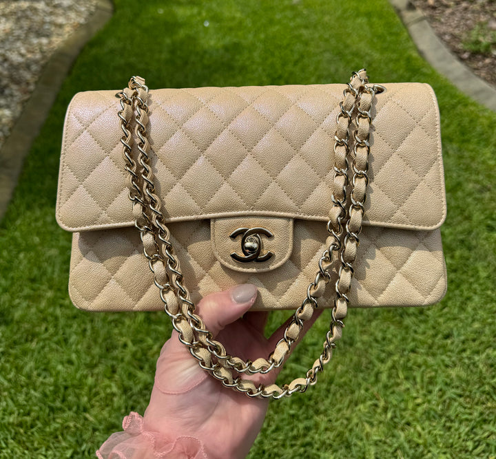 Chanel 19S Beige Iridescent Medium Caviar Classic Flap