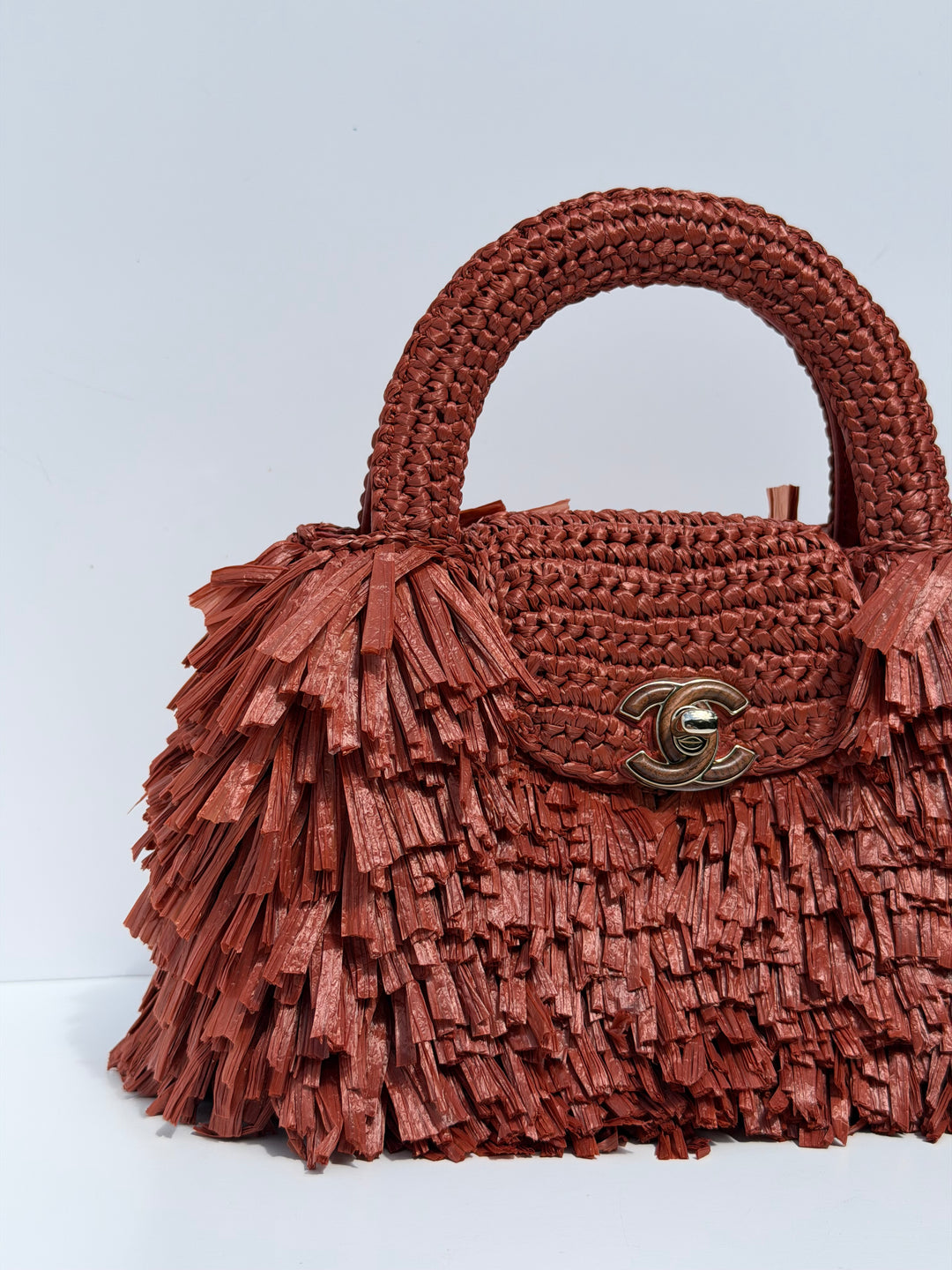 Chanel Mini Shopping Bag Fringed Raffia Effect Fabric Rust Gold Tone Metal 2026