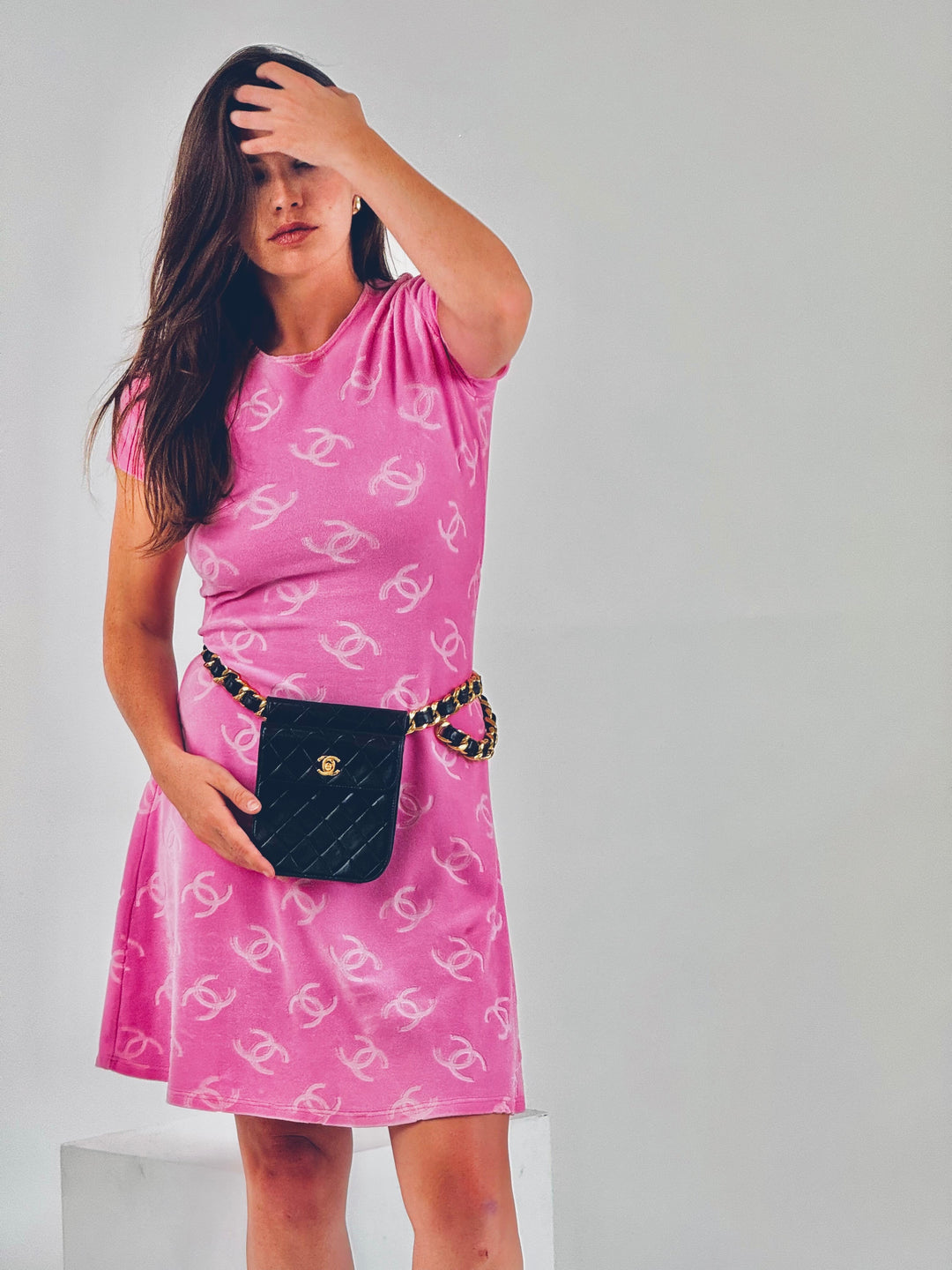 Chanel Spring 1996 Pink Velour CC Dress