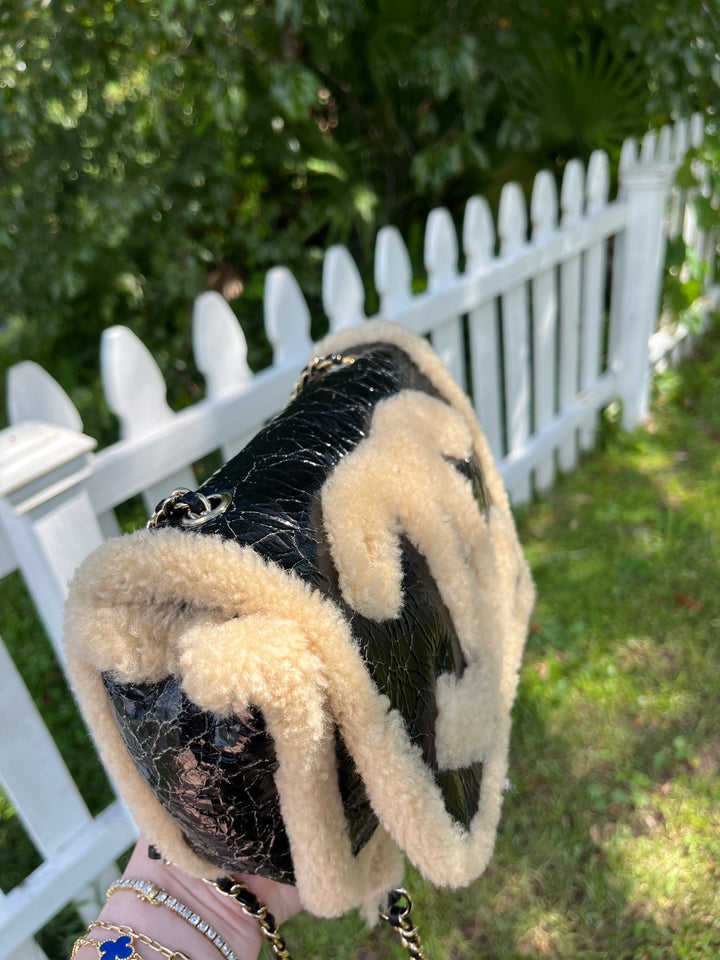 Chanel Black Shiny Crumpled Sheepskin and Shearling Mania Flap