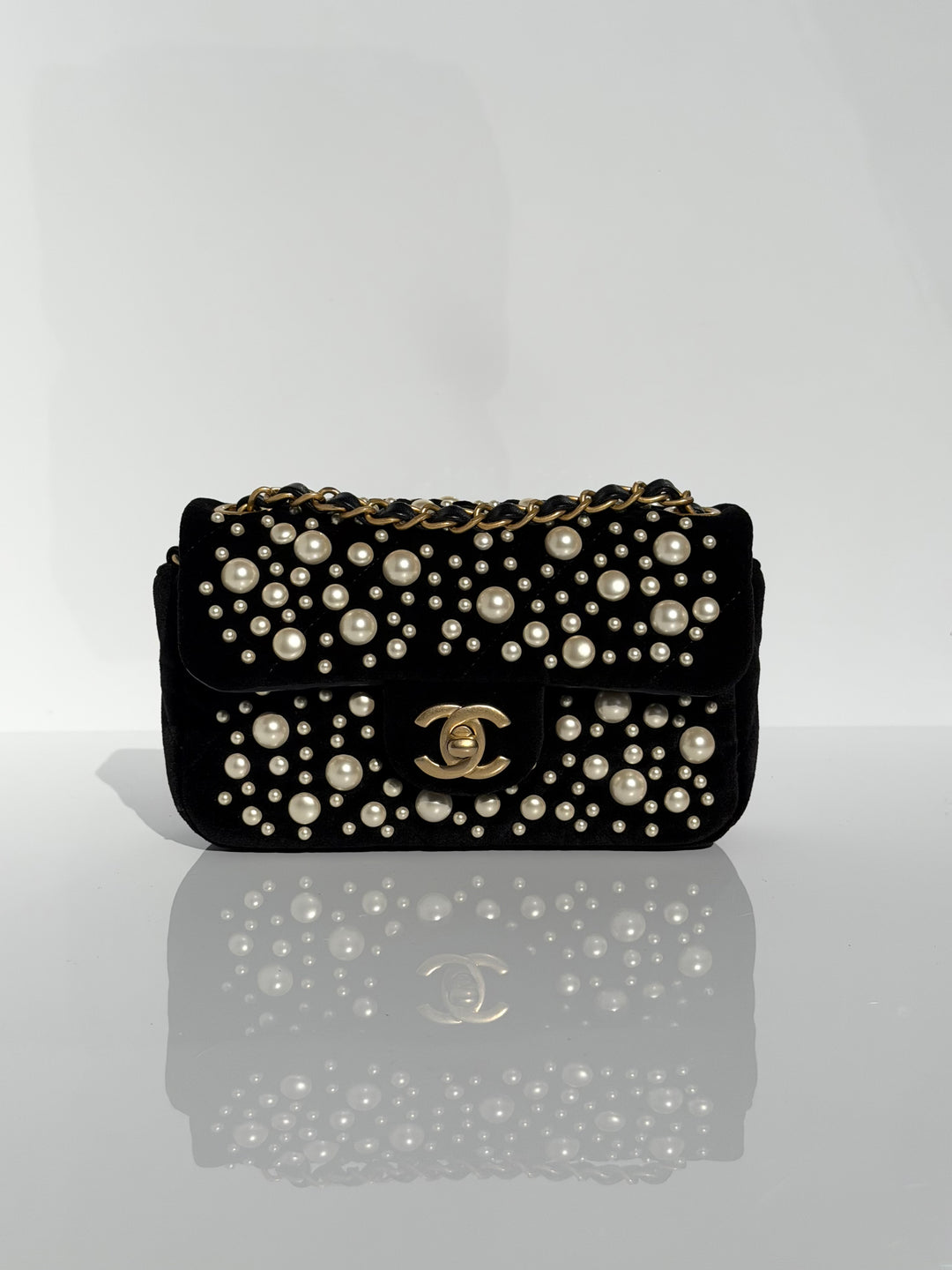 Chanel Black Velvet Mini Pearl Flap Bag