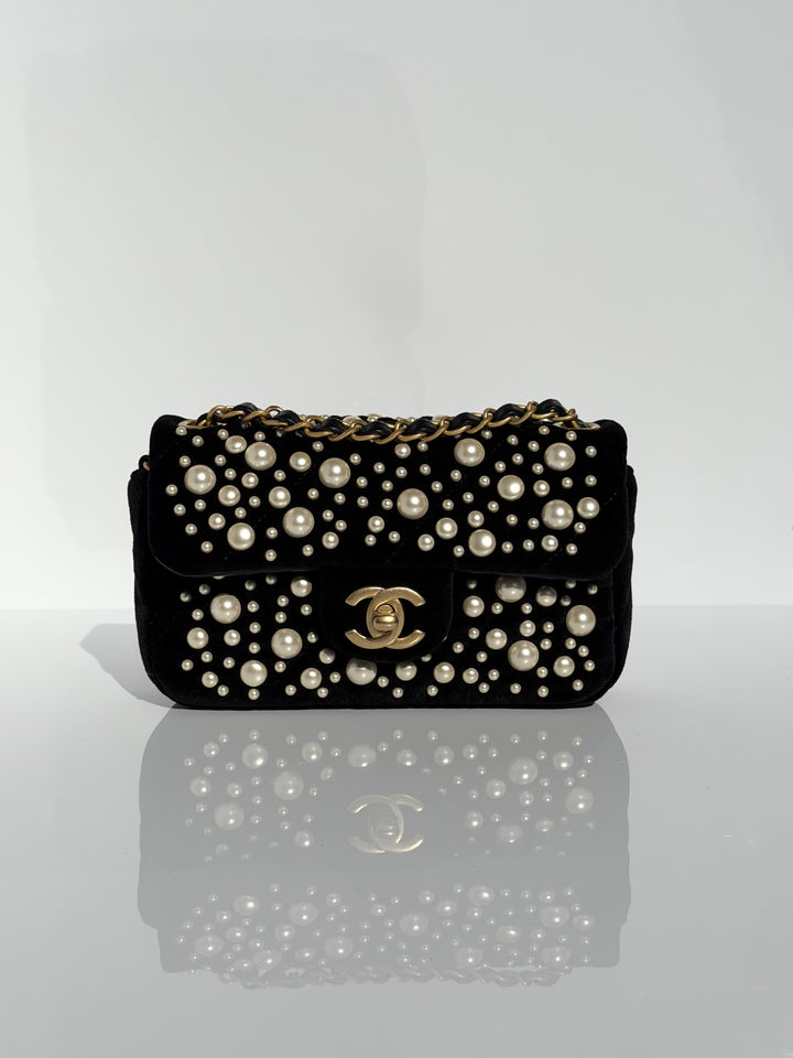 Chanel Black Velvet Mini Pearl Flap Bag