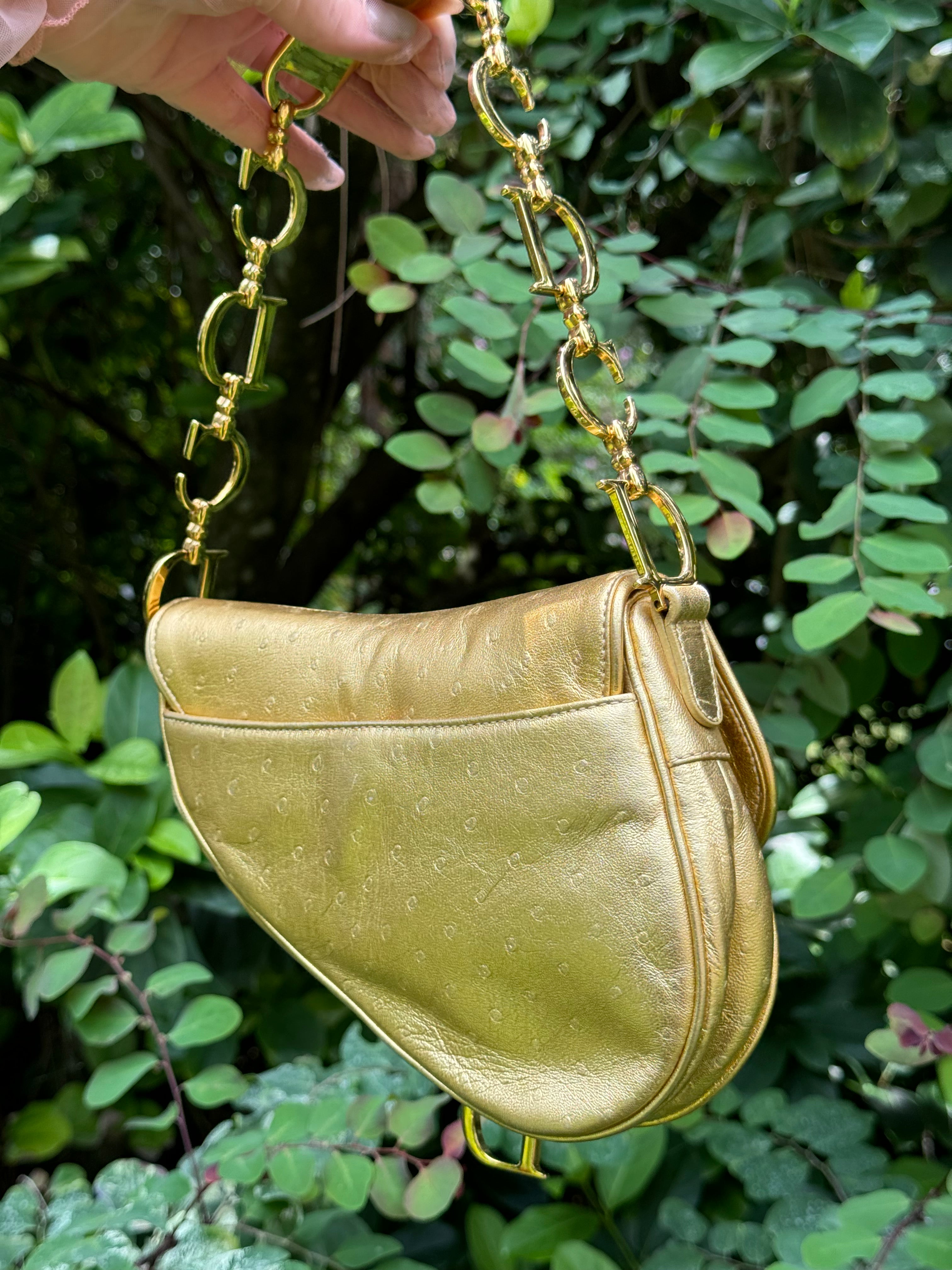 Christian Dior Metallic Gold Ostrich Saddle + Matching Pouch – Its