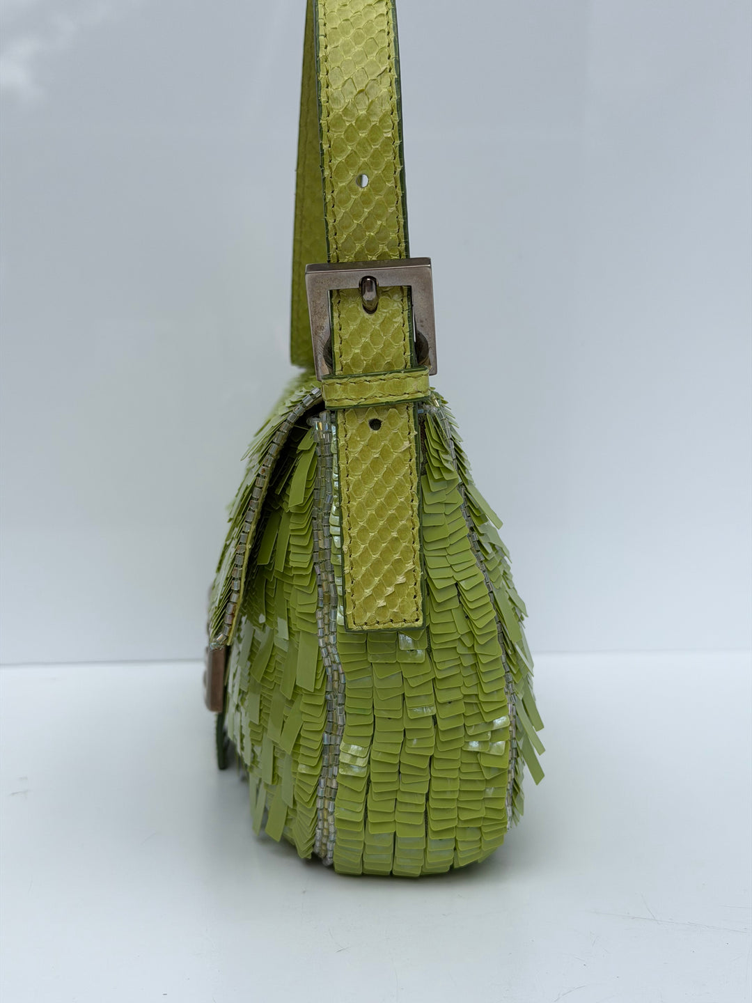Fendi Lime Green Sequin Baguette Python Trim Silver Hardware 2000