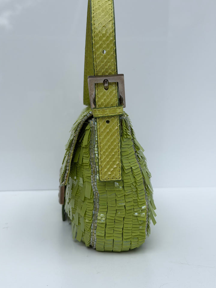 Fendi Lime Green Sequin Baguette Python Trim Silver Hardware 2000