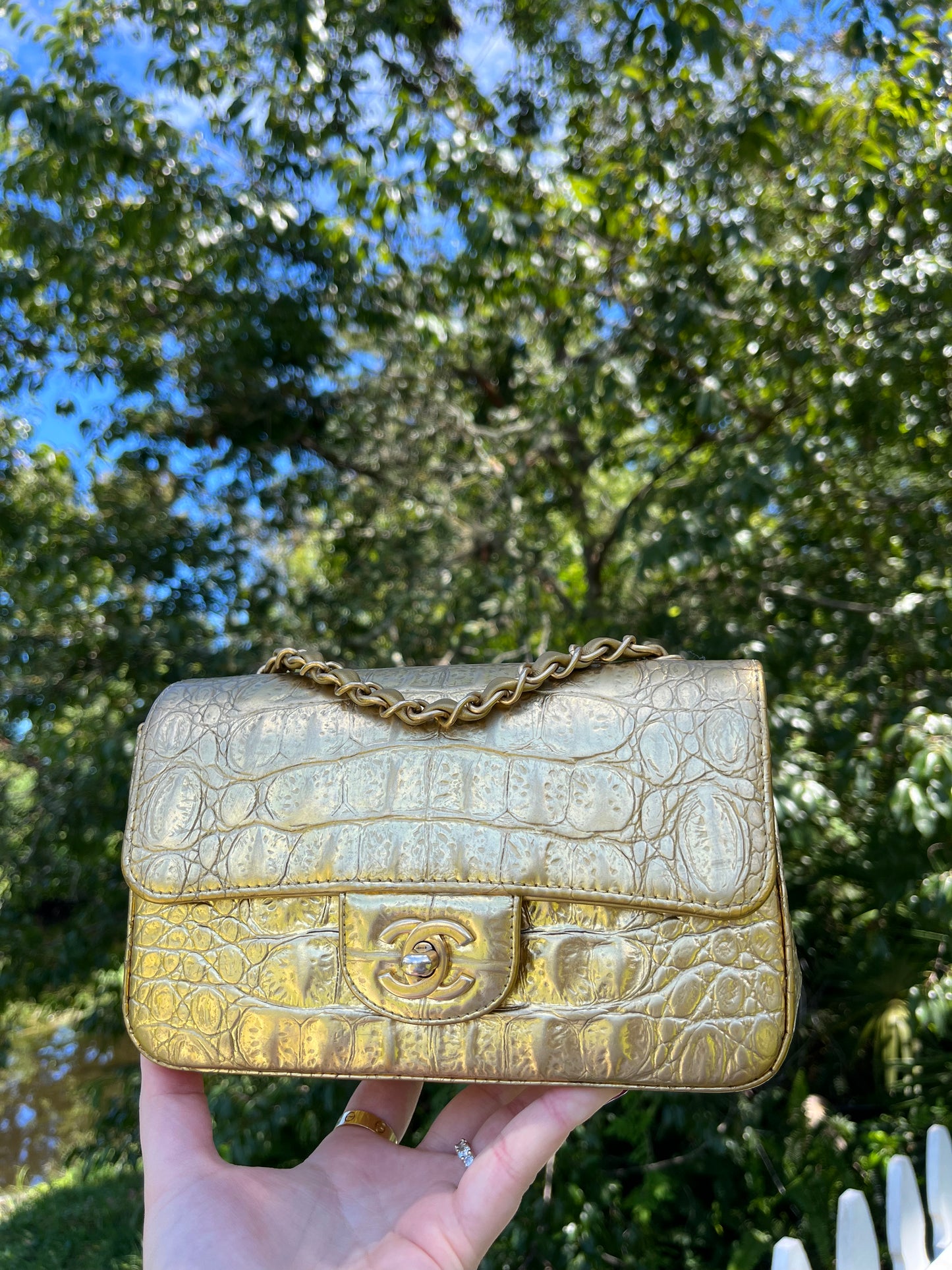 CHANEL Mini Rectangular Flap Bag in Gold Croc Embossed Calfskin