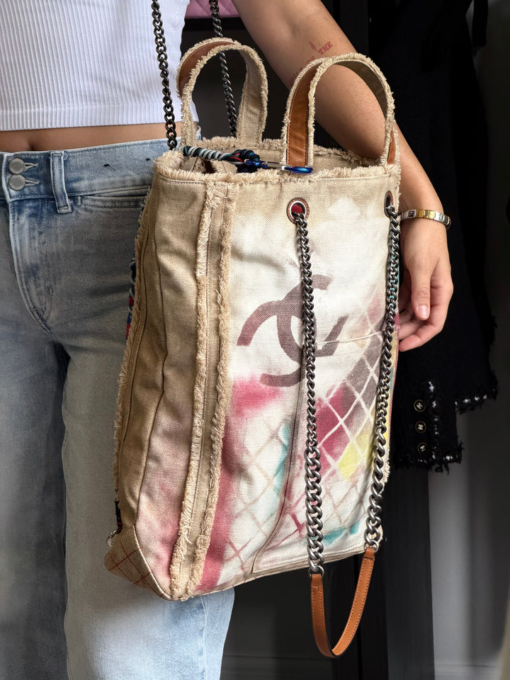 Chanel Runway Art School Graffiti Canvas Tote Beige Multicolor Ruthenium Hardware 2014