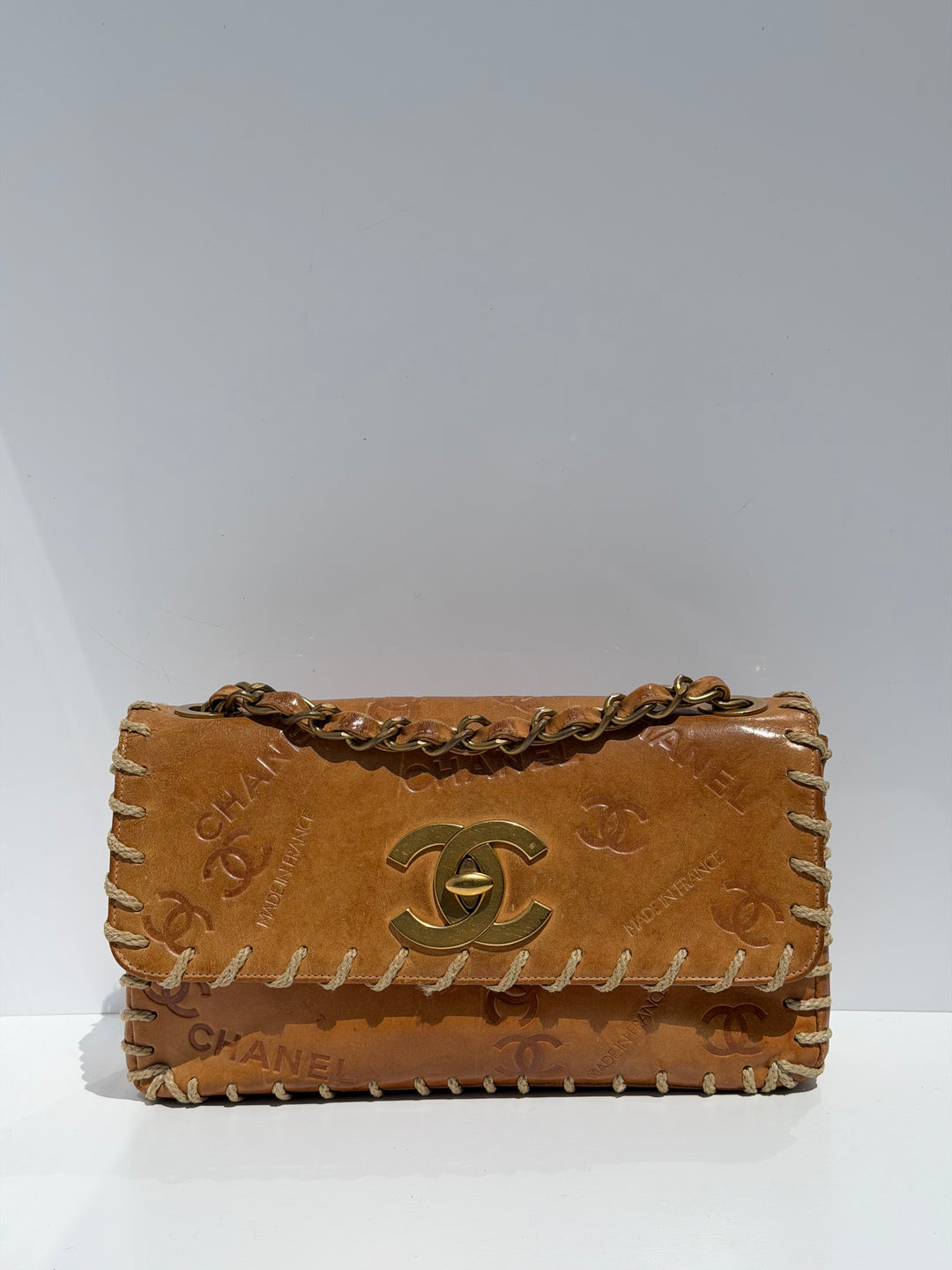 Chanel Half Flap Bag Tan Debossed Logo Calfskin Whipstitched Gold Hardware 1994