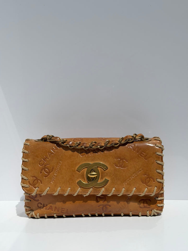 Chanel Half Flap Bag Tan Debossed Logo Calfskin Whipstitched Gold Hardware 1994