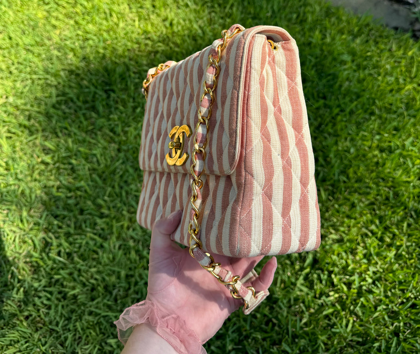 Chanel 24K Vintage Pink Striped Large Flap