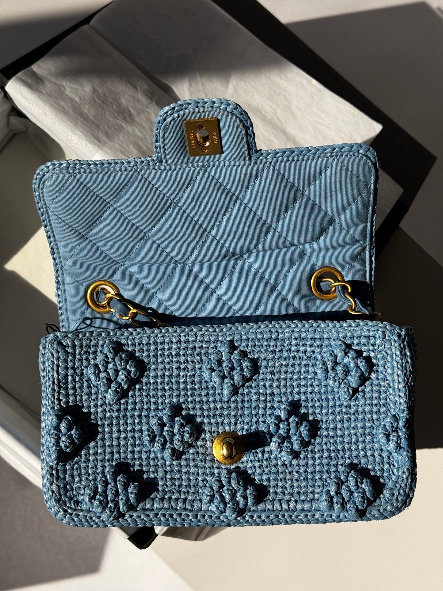 Chanel 24P Blue Braided Raffia Mini Flap Bag