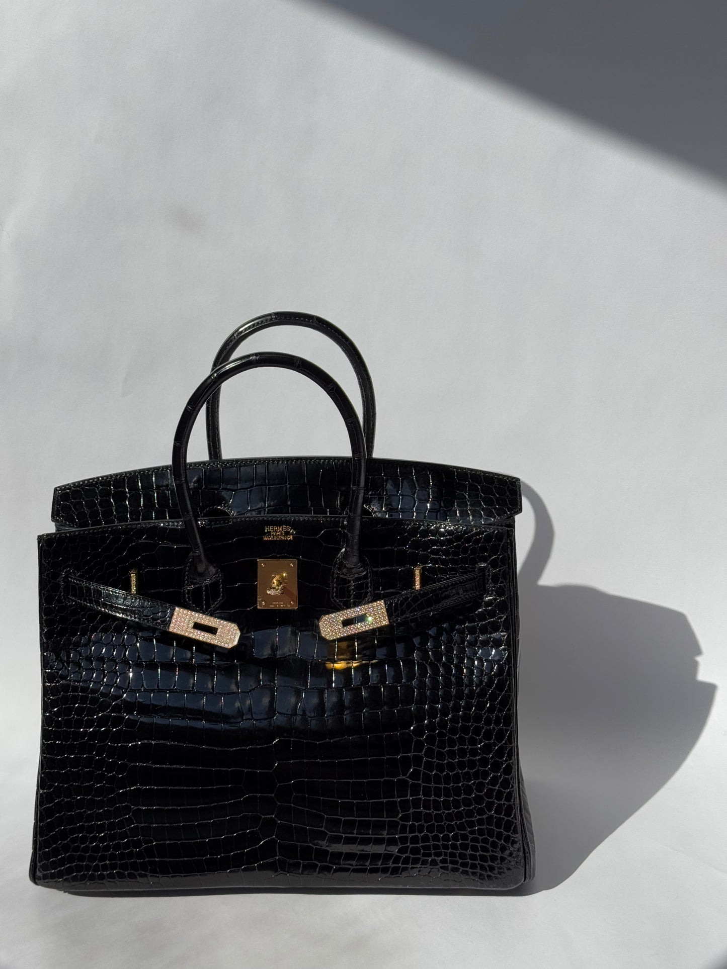 Hermes 18K Yellow Gold Diamond Black Porosus Crocodile Birkin 35