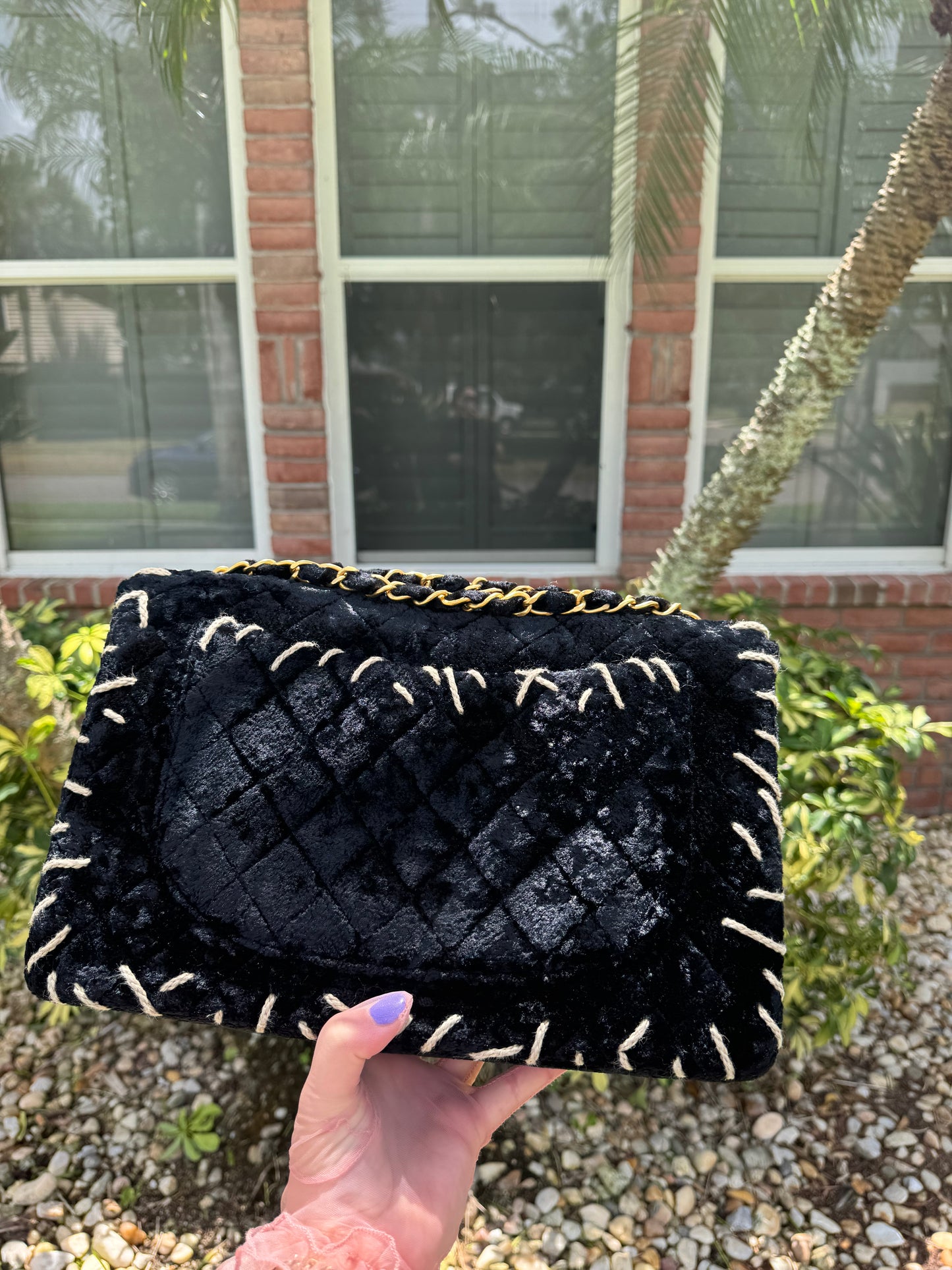 Chanel 1993 Black Velvet Whipstitch CC Flap Bag