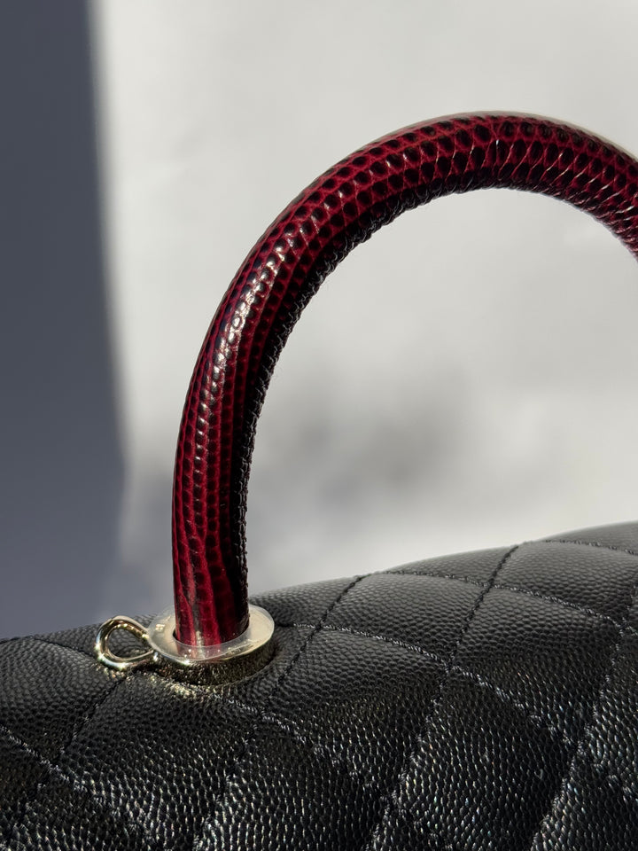 Chanel Small Black Caviar Coco + Burgundy Lizard Top Handle