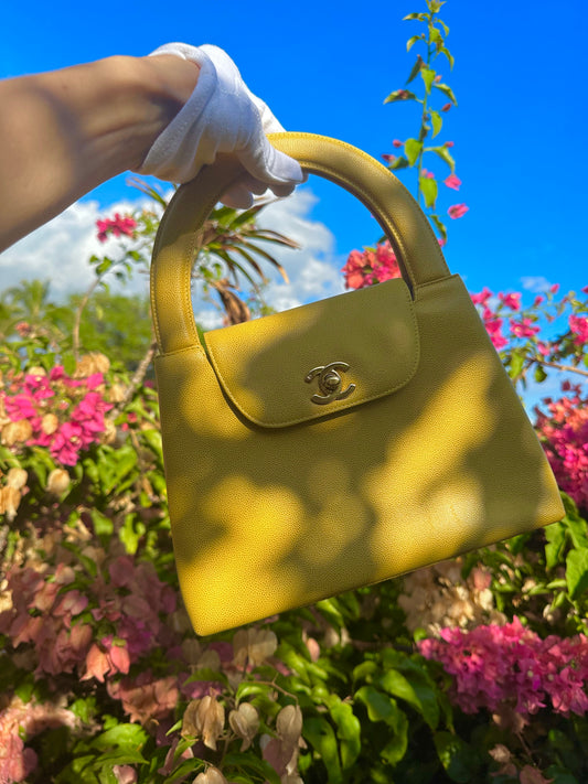 Chanel Vintage Medium Yellow Caviar Kelly Top Handle