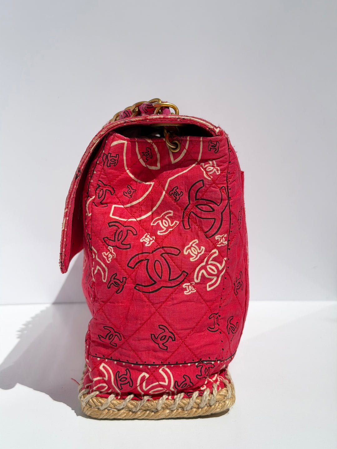 Chanel Vintage Red Bandana Paisley Print Straw Maxi Jumbo Flap Bag 1994