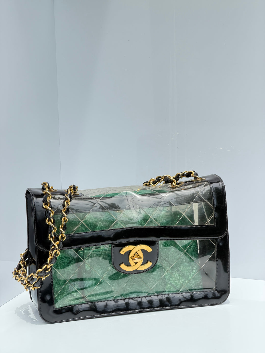 Chanel Maxi Classic Flap Bag Clear Vinyl Black Patent Leather Gold Hardware 1994