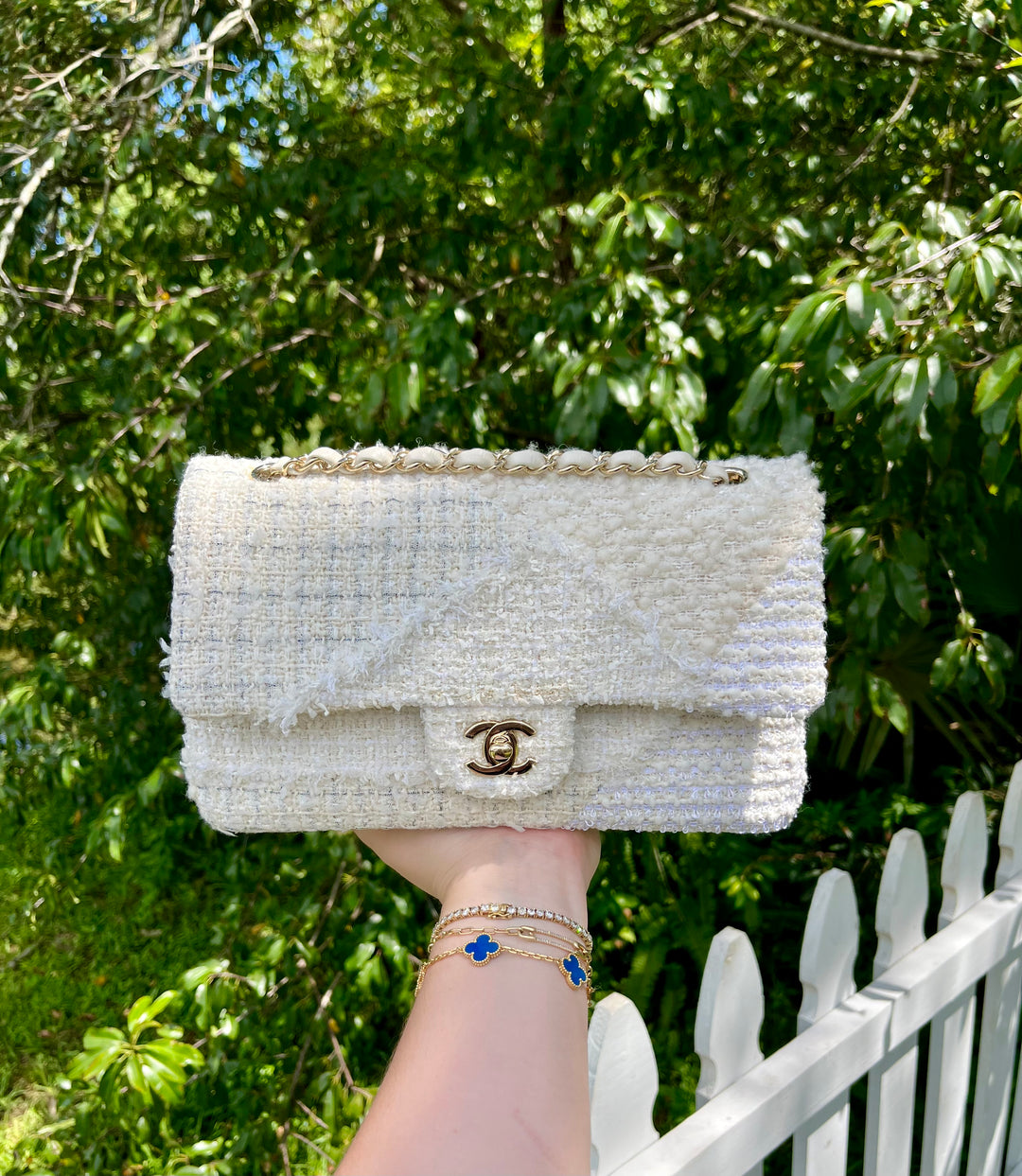 Chanel White Medium Tweed Patchwork Flap Bag
