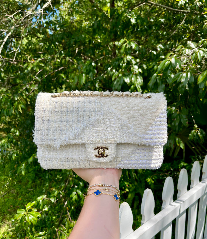 Chanel White Medium Tweed Patchwork Flap Bag