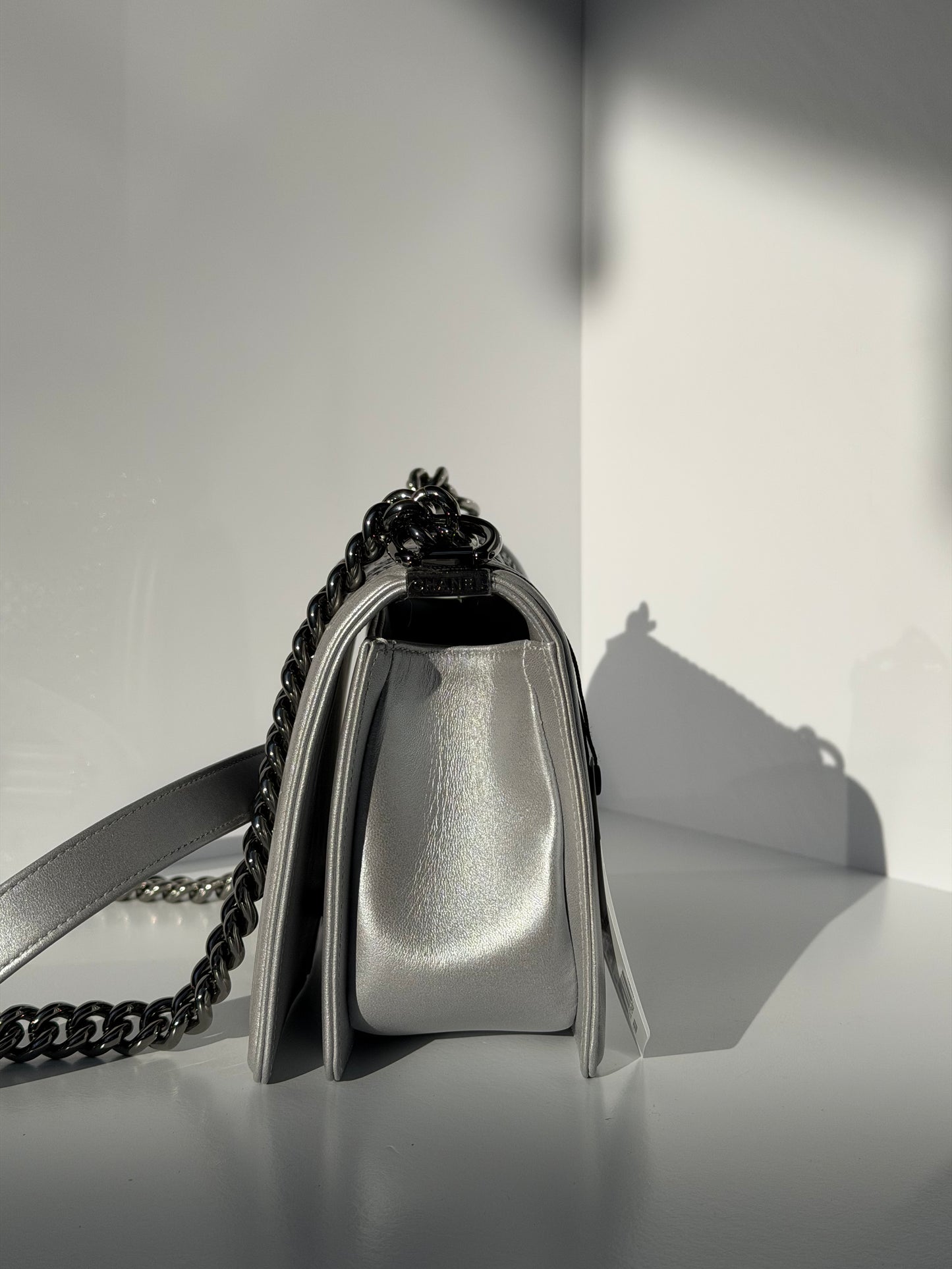 Chanel 16K Silver Python Old Medium Boy Bag