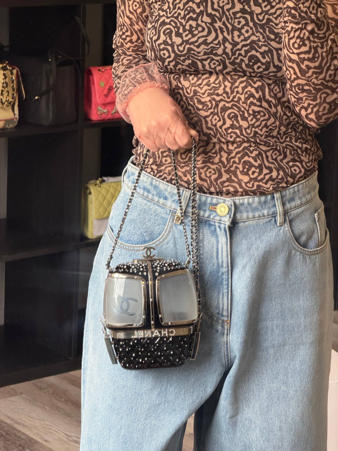 Chanel Ski Gondola Swarovski Minaudière Black Silver Hardware 2019