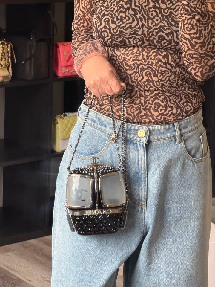 Chanel Ski Gondola Swarovski Minaudière Black Silver Hardware 2019