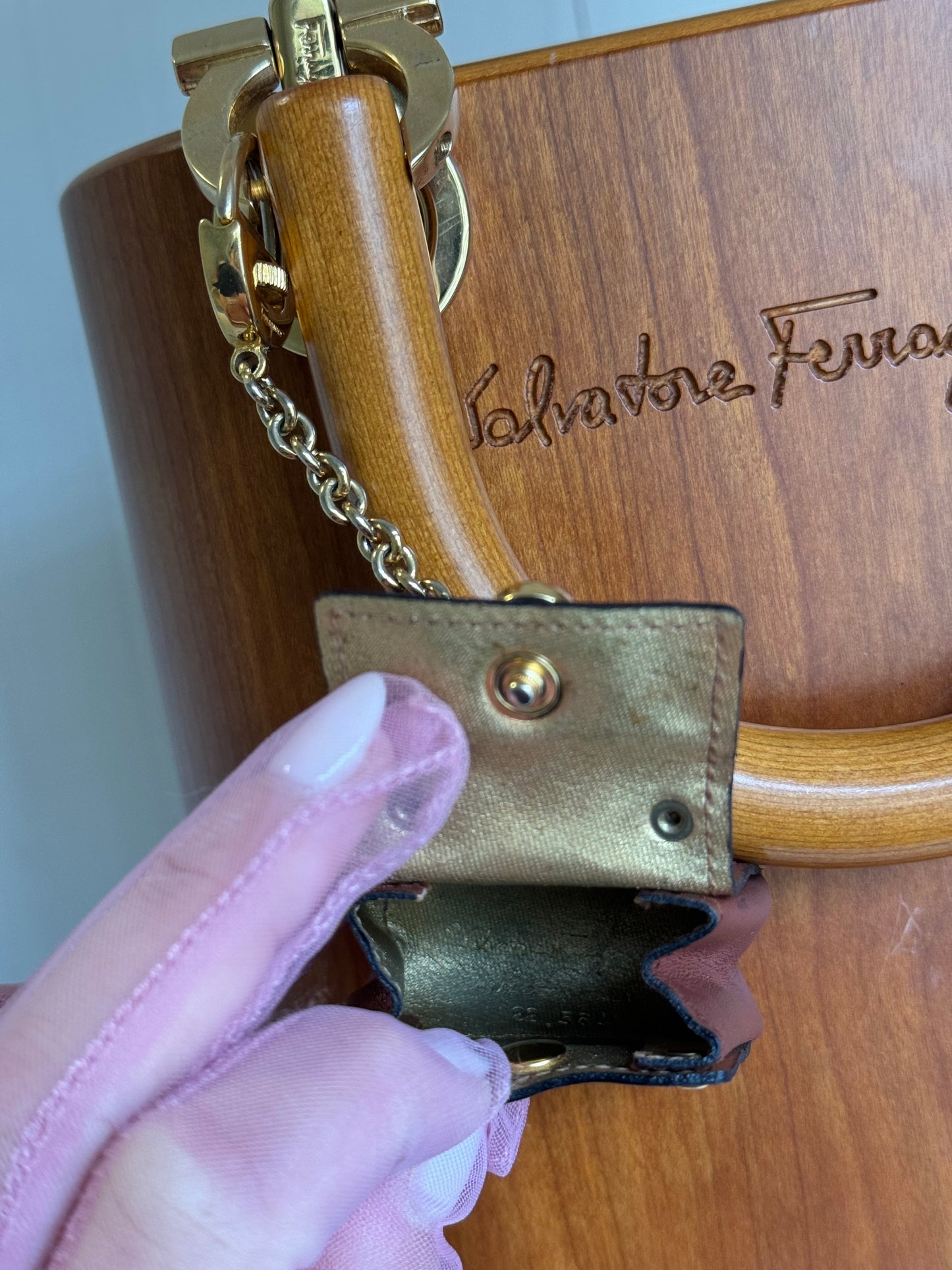 Salvatore Ferragamo Vintage Gancini Wooden Bucket Bag + Coin Pouch