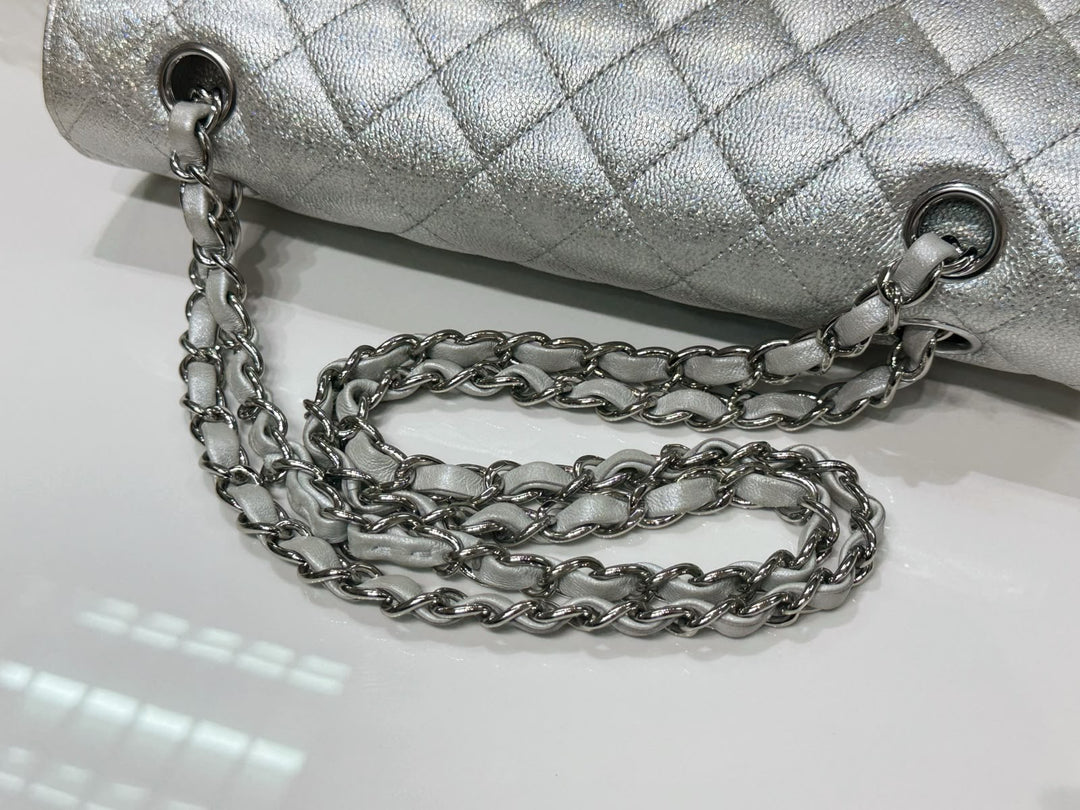 Chanel 21K Medium Flap Bag Silver Metallic Caviar Leather Silver Tone Hardware 2021