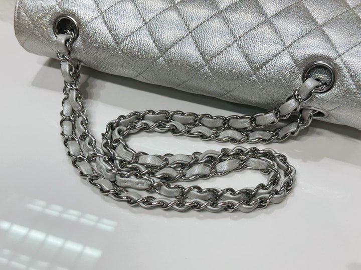 Chanel 21K Medium Flap Bag Silver Metallic Caviar Leather Silver Tone Hardware 2021