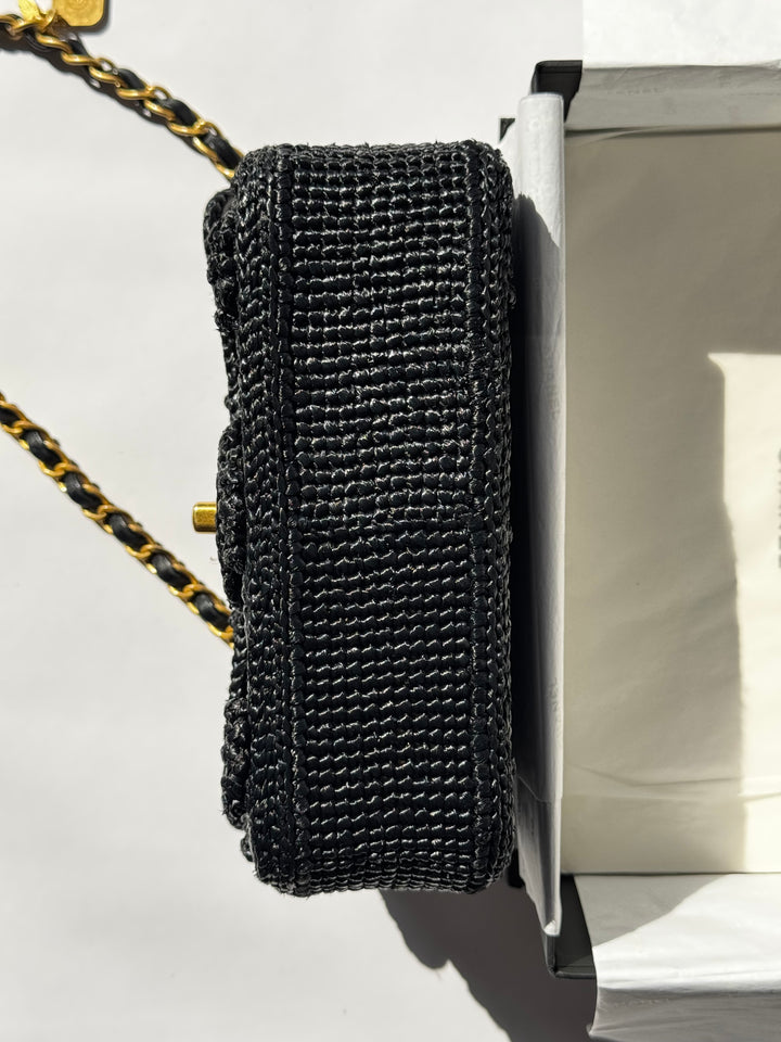 Chanel 24P Black Braided Raffia Mini Flap Bag